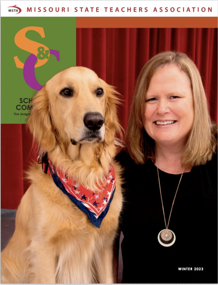 Stacy Blakley and Mookie on the cover of School and Community Magazine.